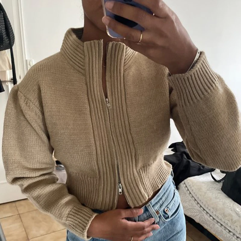 

New 2023 Casual Zippers Stand Collar Cardigans Knitted Coat Vintage Fashion Elagant Women's Autunm Winter Sweaters Short Tops