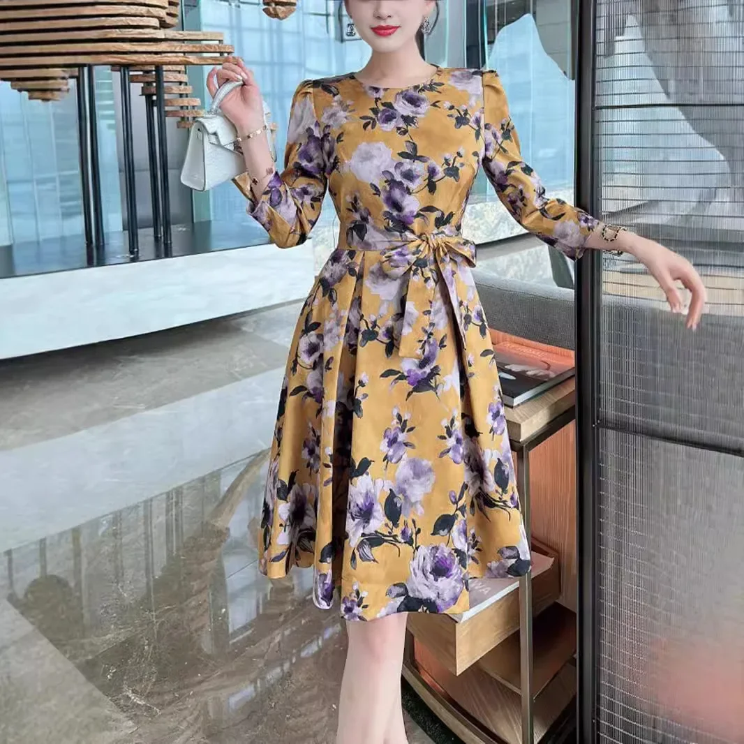 High-End Women's Dress Nanfu Printed Pattern Autumn Round Neck Long Sleeve French Style A1785 Fashionable and Elegant