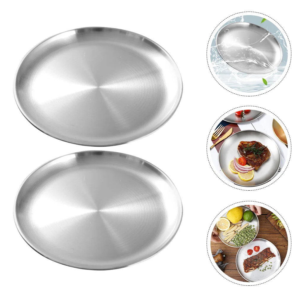 

Plate Plates Metal Stainless Steel Dish Tray Serving Dishes Dinner Steakbbq Pan Camping Round Salad Platter Pizza Jewelry Trays