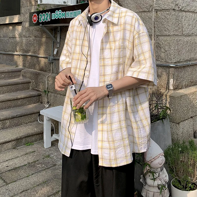 

2022 Summer New Fashion Retro Plaid Blouses Male High Quality Short Sleeve Shirts Mens Casual Loose Checked Shirts Q21