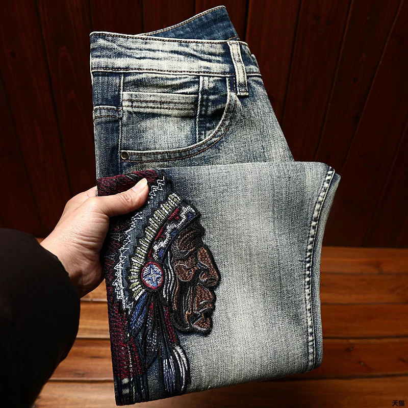 Индийские вышитые джинсы мужские Стрейчевые модные высококлассные облегающие