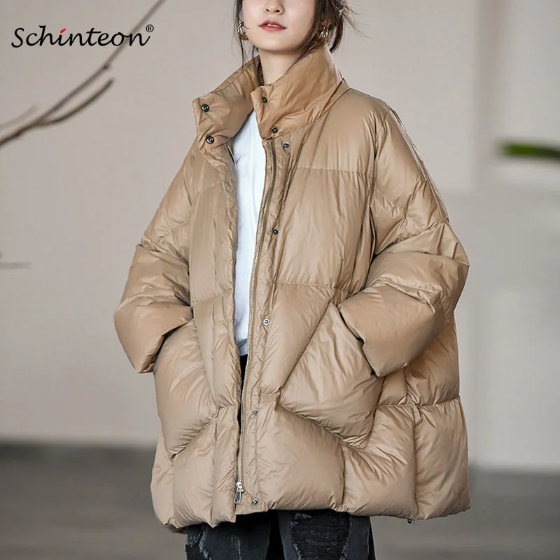 

Schinteon Women Light Down Jacket Over Size White Duck Down Coat Loose Warm Autumn Winter Casual Three Quarter Sleeve Outwear