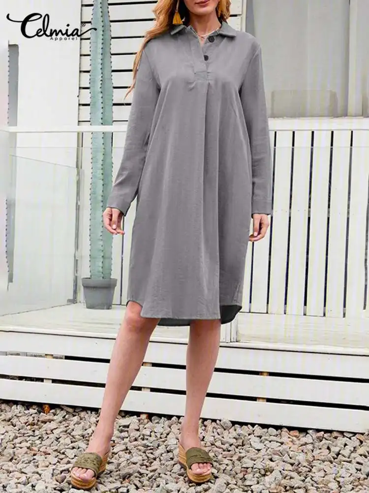 

Повседневные свободные однотонные уличные платья Celmia длиной до колена, женские платья с длинным рукавом и отложным воротником, модное осеннее платье-рубашка на пуговицах 2023