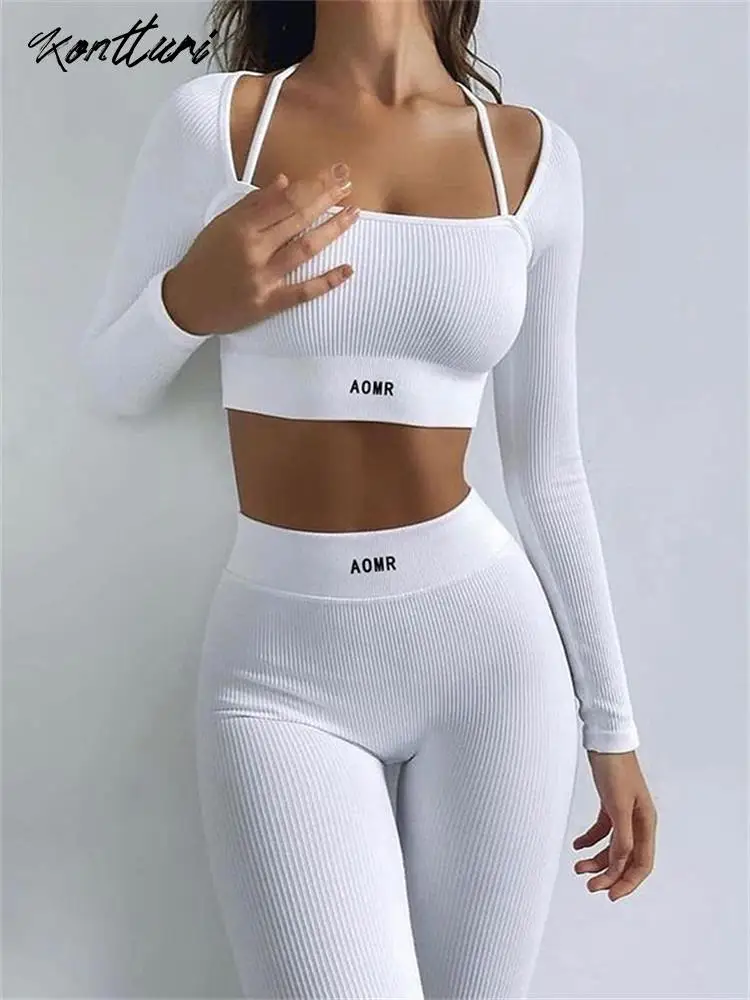 

Kontturi Fall Casual Bodycon Letter Tracksuit White Two 2 Piece Set Women Outfit 2023 Long Sleeve Crop Top Pant Matching Sets