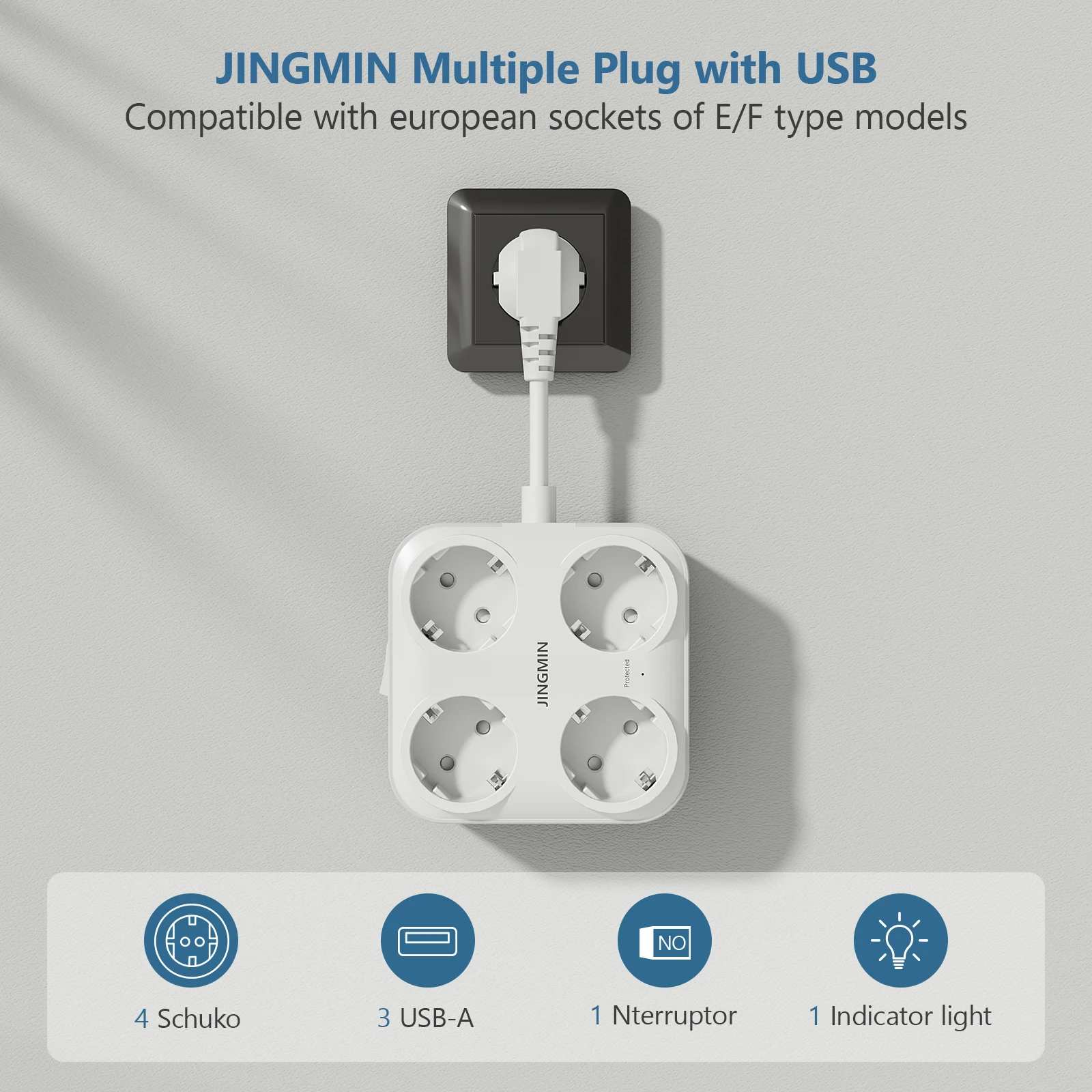 Удлинитель питания JINGMIN FR-EU 0 5 мм с 3 USB французскими розетками многорозетчатый