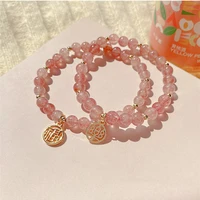 cute pink strawberry crystal chinese character pendant beaded bracelet temperament womens jewelry gift