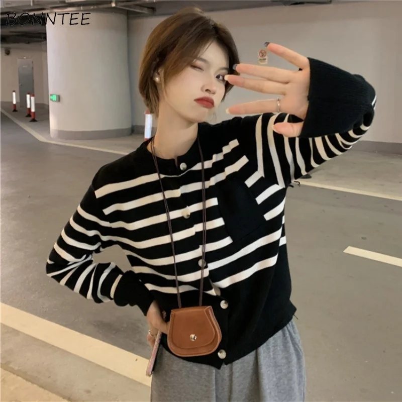 

Cardigan Women Basic Tender Panelled Sweetie College Ladies Simple Striped All-match Ulzzang Autumn Casual Femme Newest Trendy