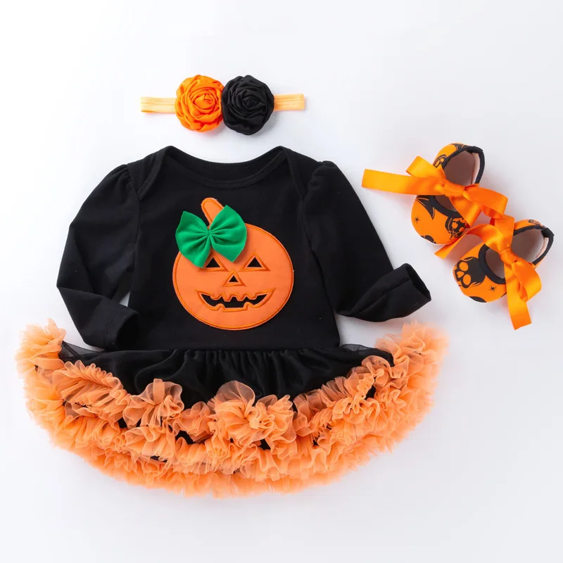 

2023 New Girl Baby Halloween Party Clothes Children Cartoon Print Mesh Bodysuit Dress Newborn Cotton Onesie+Hairband+Shoes 3pcs