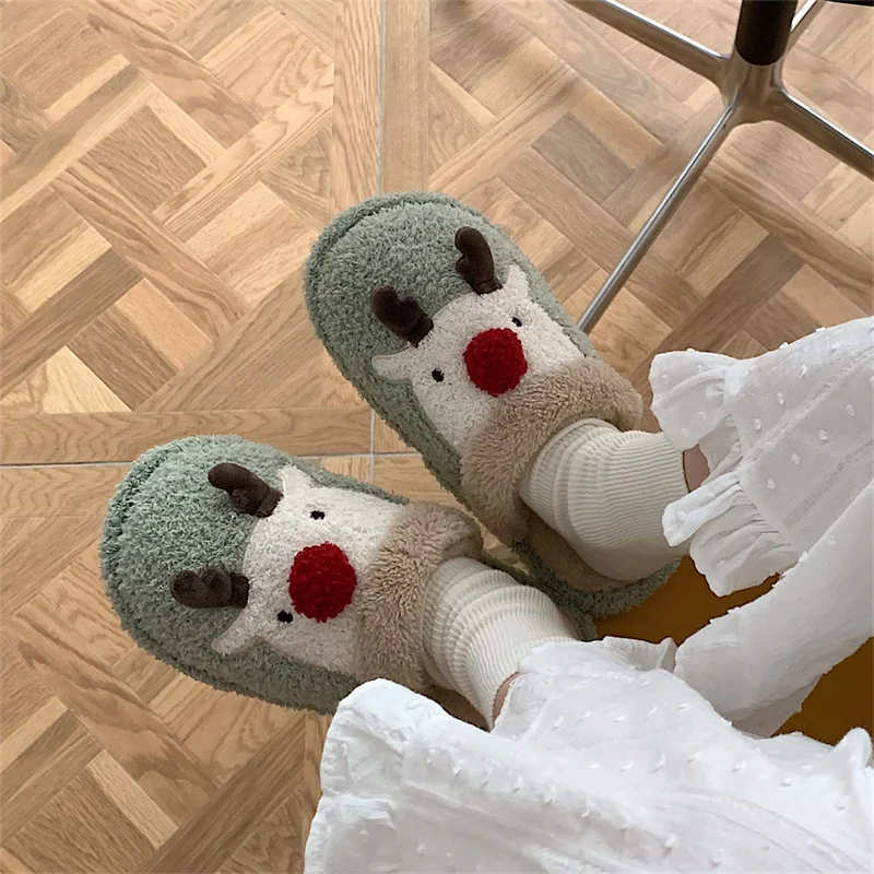 Winter Cartoon Elk Cotton Slippers Design Slip-On Women Soft Sole Warm Plush Ladies' Slides Indoor Cute Gift Memory Foam Shoes