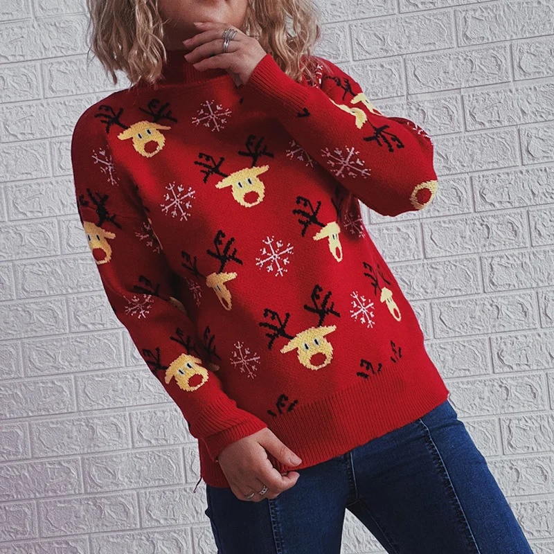 

Women Sweater Knit Y2k Traf Clothing Winter Hooded Shirt Long Sleeve Christmas Dress Elk Pullovers Stitch Woman Korean Clothes