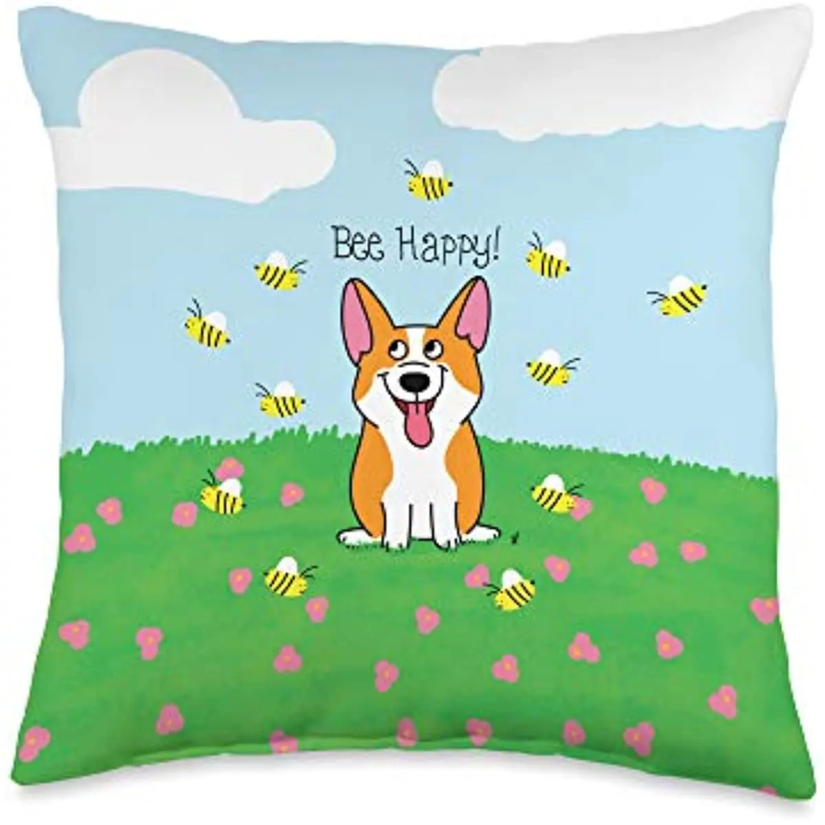 

Три сумасшедших корги пчела счастливая подушка, 18x18, разноцветная