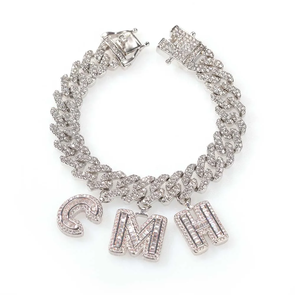 

Customized Name Anklets Zirconia Baguette Letters with 12MM Cuban Chain Hip Hop Pendant For Men Women Hip Hop Jewelry