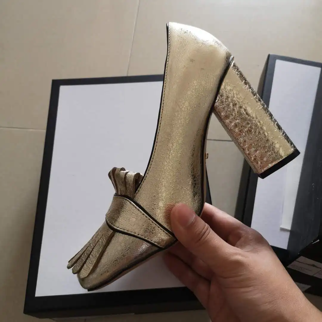 

Heeled Gold Leather 2021 Loafer-style Pump Women Pointed Toe Chunky Heels Elegant Ladies Shoes Shallow Woman Metal Buckle Pumps