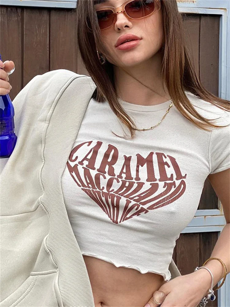 

Dratay Summer Street White Graphic Tee T Shirts For Women O Neck Short Sleeve Black Ruffles Tops Women 2022 Pink Print Crop Top
