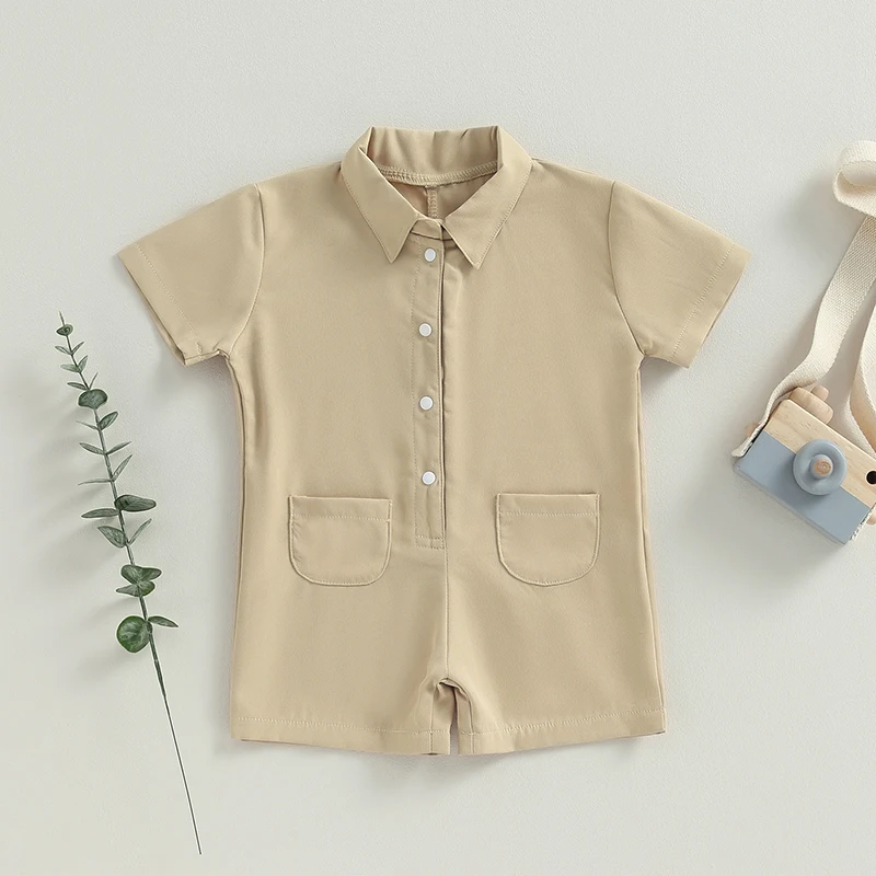 

Boys Summer Romper Kids Solid Simple Turn-down Collar Casual Jumspuit 0-18M Girls Thin Double Pockets Cotton Rompers