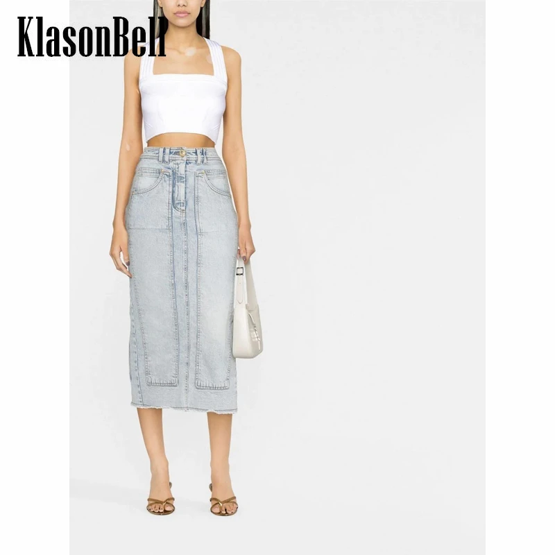 

12.6 KlasonBell Vintage Washed Distressed Frayed Hem Back Split Slim Denim Midi Skirt Women