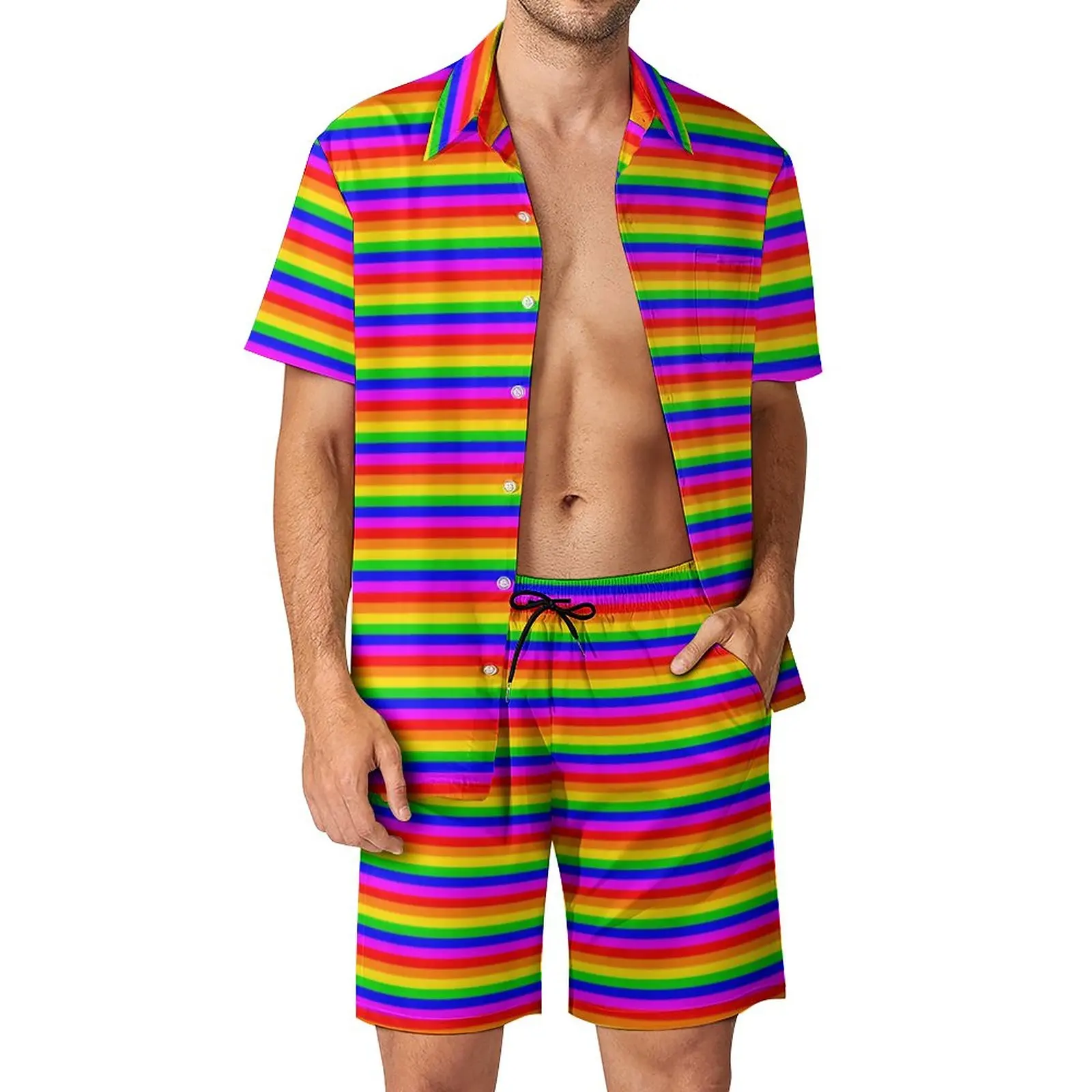 

Gay Rainbow Men Sets Transgender Rainbow Flag Casual Shirt Set Vintage Outdoor Shorts Summer Suit Two-piece Big Size 2XL 3XL