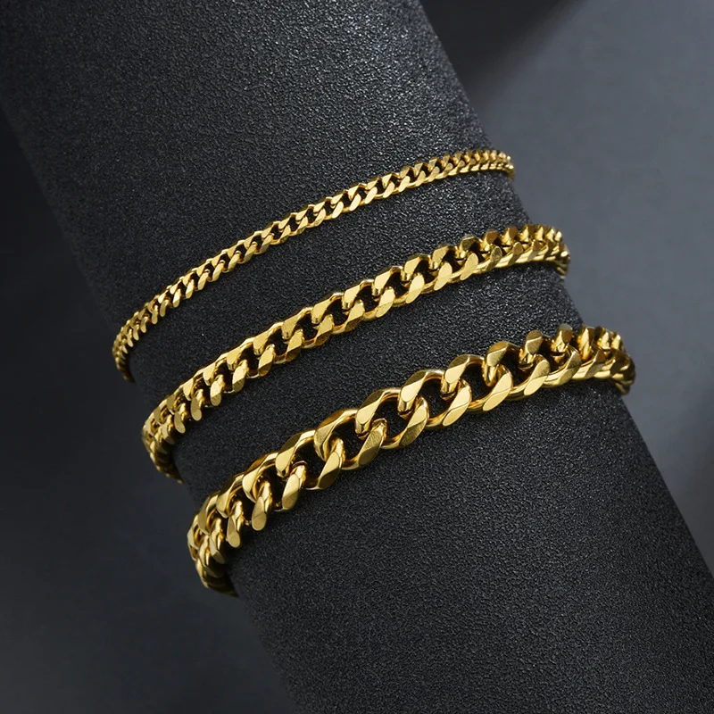 

3/5/7mm Wide Simple Stainless Steel Curb Cuban Chain Golden Bracelet Brand New Mens Womens Fashion Party Hip Hop Jewelry Gifts