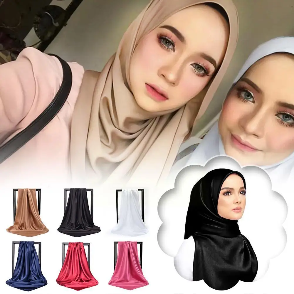 

90cm Solid Colors Neckerchief Hijab Scarf For Women Silk Satin Headband Hair Scarves Female Square Shawls Head Scarfs For L A2F5