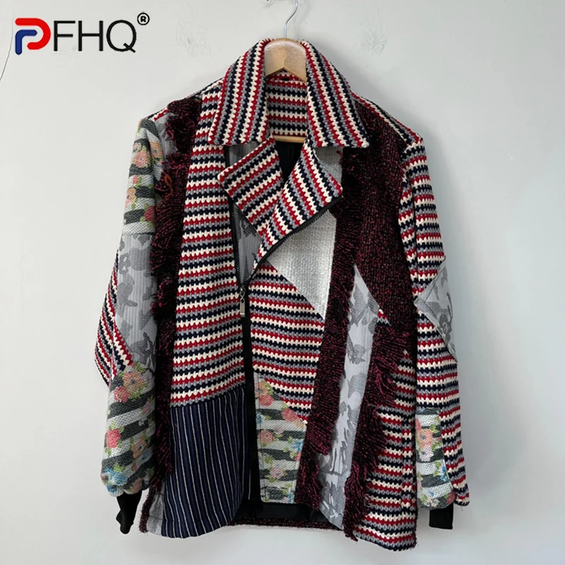 

PFHQ Men's Fringed Raw Edge Jackets Tide Stitching Contrast Color Zipper Print Motorcycle Avant-garde Chic Coat Autumn 21Z2501
