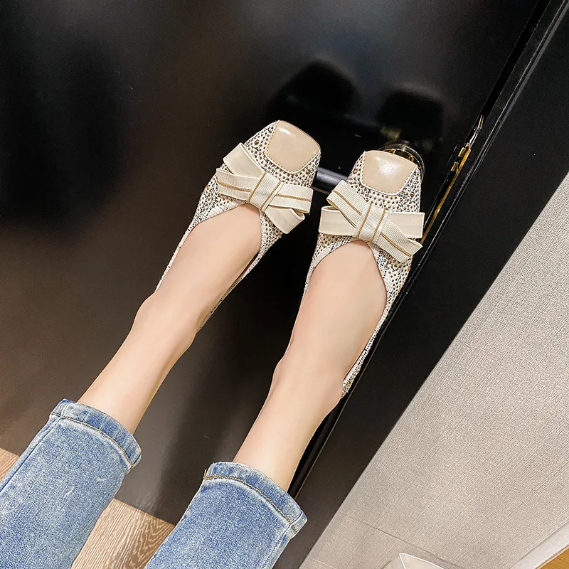Plus Size 42 43 Women Ballet Flats Grid Linen Fabric Bling Diamonds Bowknot Decoration Flat Pumps Casual Female Shoes Big Size