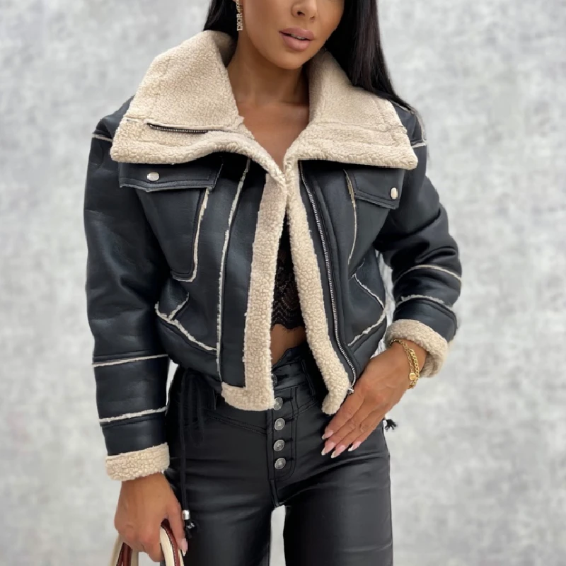 

Куртка FUFUCAILLM женская из искусственной кожи, Толстая теплая короткая черная верхняя одежда, флисовое пальто с лацканами в стиле авиатора, зимняя верхняя одежда, 2023