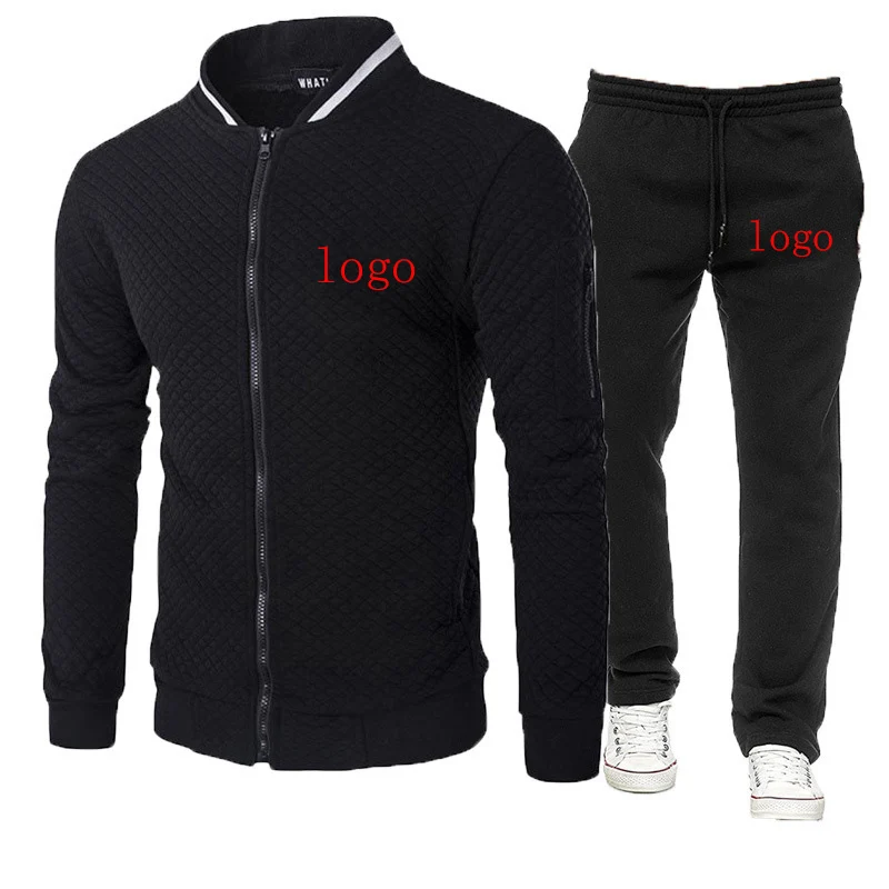 

Logo Custom Made Printed Men Set Autumn Winter Fleece Thicken Sweatshirt Tracksuit +Pants Sportswear 2PCS Stand Collar Jacket