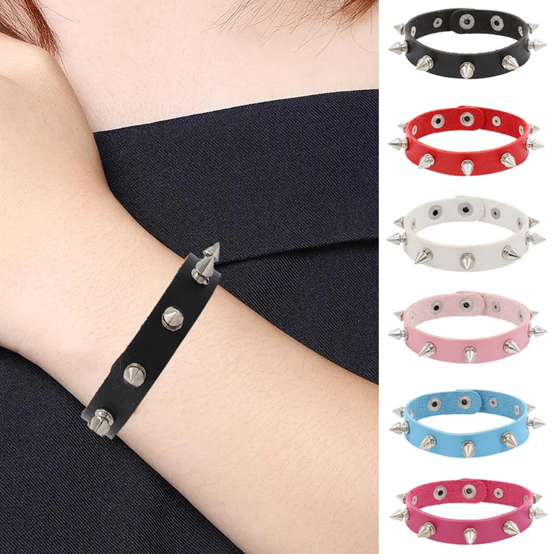 

Unisex Punk Black Bracelet Women Silver Color Spike Rivet Cone Black Leather Cuff Wristband Adjustable Bangles Jewelry Wholesale