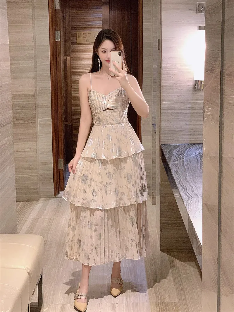 

Женское длинное вечернее платье, желтое шифоновое плиссированное платье на бретелях, весна-лето 2023