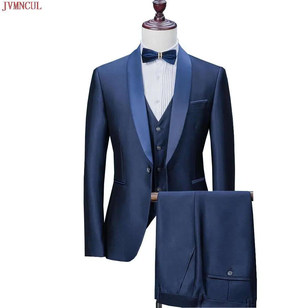 

2022 Wedding Suits For Men Shawl Collar Mens Suits 3 Pieces Slim Fit Blue Suit Mens Tuxedo Jacket For Wedding(Blazer+Pants+Vest)