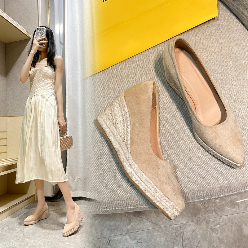 

Black Platform Sandals Suit Female Beige Clogs With Heel Women's Low Shoes Shallow Mouth Espadrilles Nude Pointed Thick Low-heel