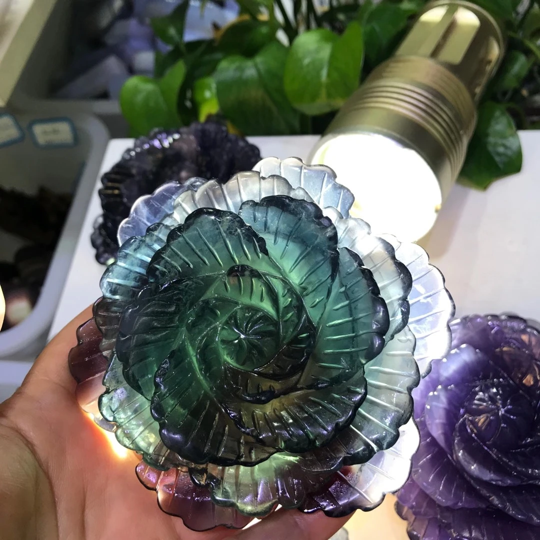 

110mm Natural Crystal Colorful Fluorite Peony Flower Carving Healing Stone Craft Figurine Home Room Decor DIY Jewelry Gift Cute