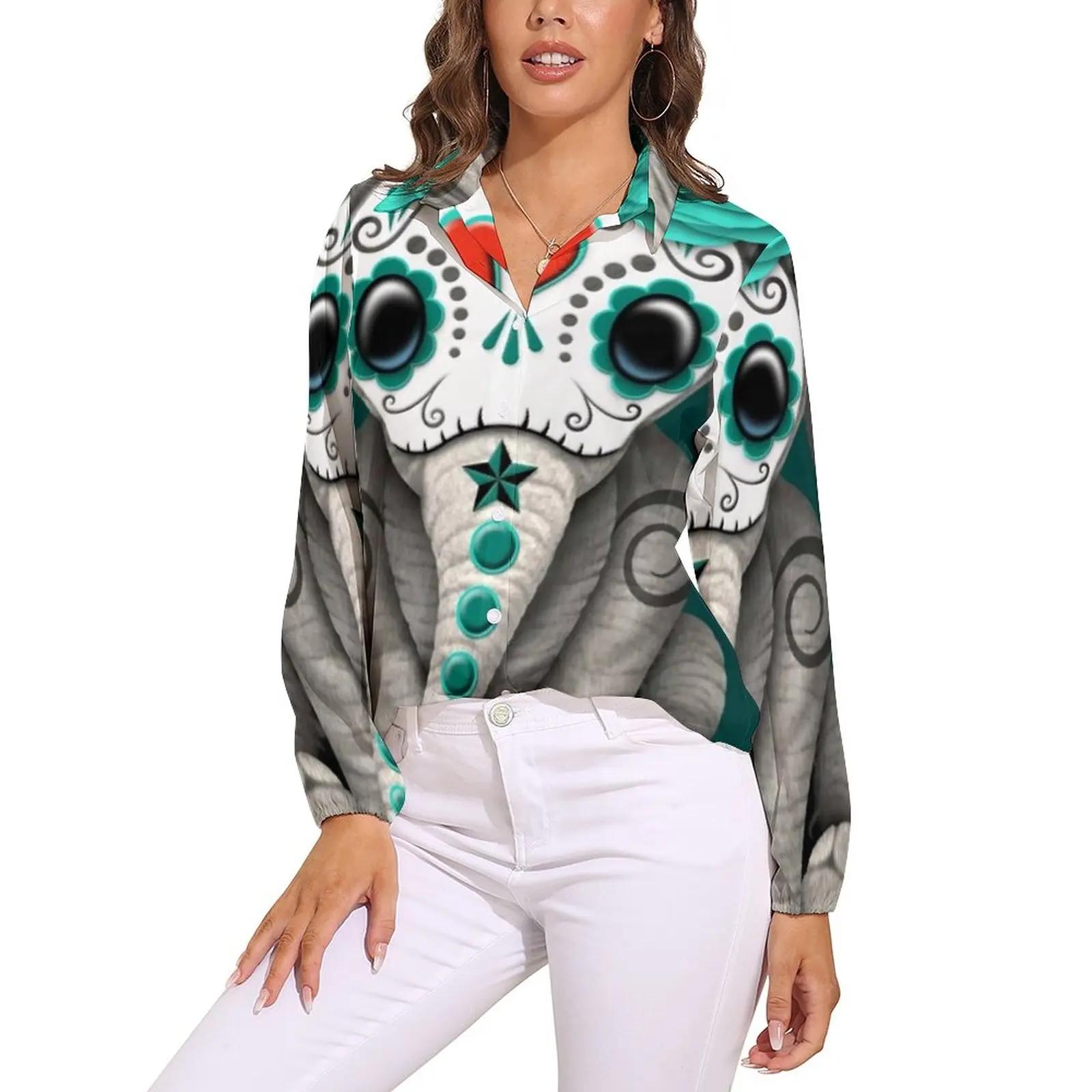 

Sugar Skull Baby Elephant Blouse Teal Blue Day of The Dead Office Work Design Blouses Street Wear Shirt Long-Sleeve Oversize Top