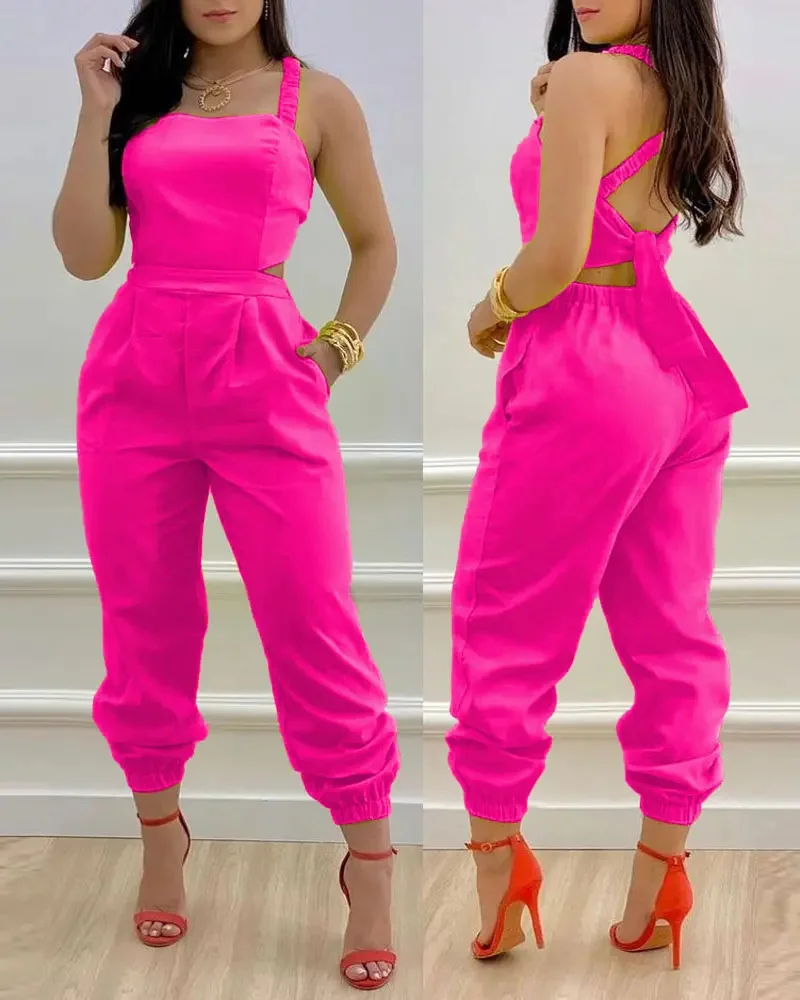 Summer New Jumpsuit Long Women's, Elegant, Butterfly Print Crisscross Lace Up Details Backless Jumpsuit Sleeveless Women