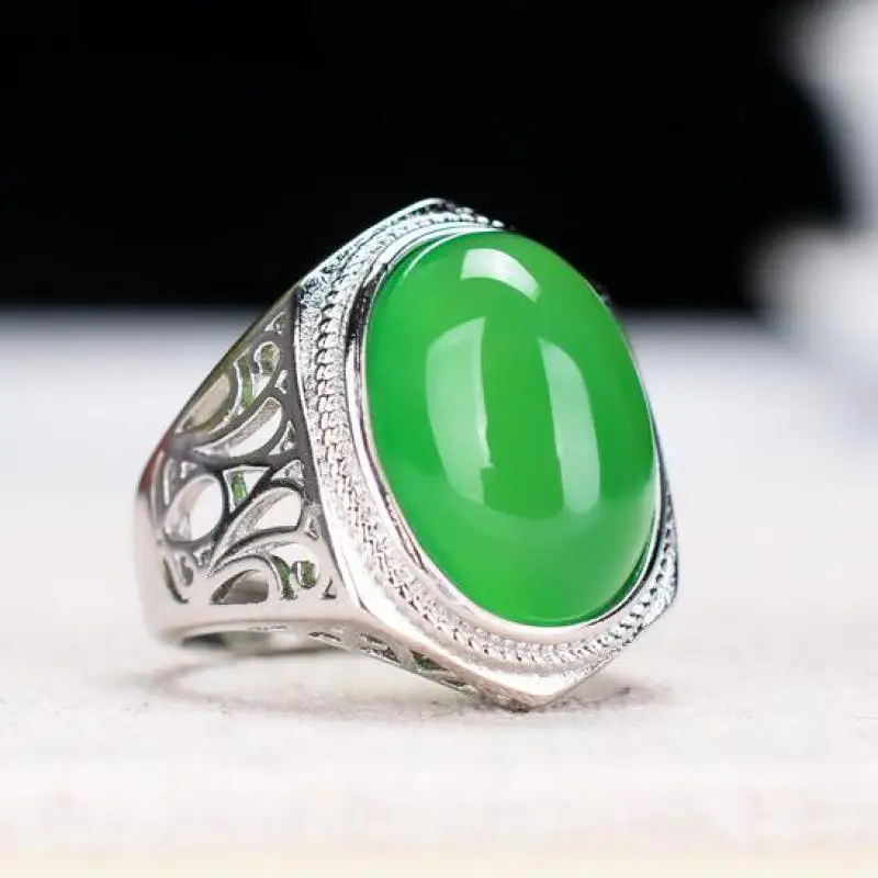 

Natural Green Jade Ring Adjustable Men Bands Fine Jewelry Accessories Genuine Chrysoprase Oval Rings Male Jadeite Jewellery Gift