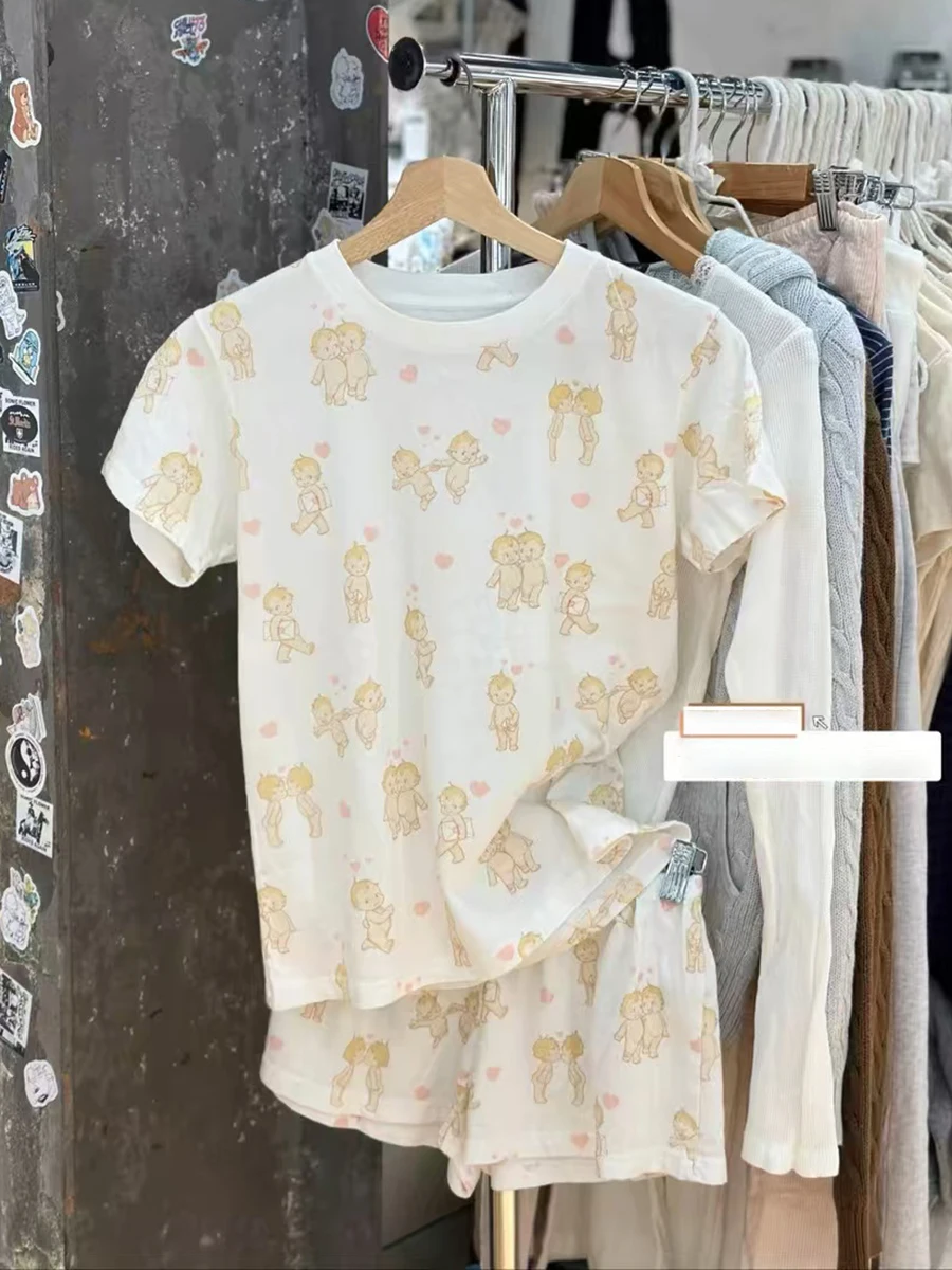 Футболка с принтом ангела и сердца комплект шортами женские летние футболки