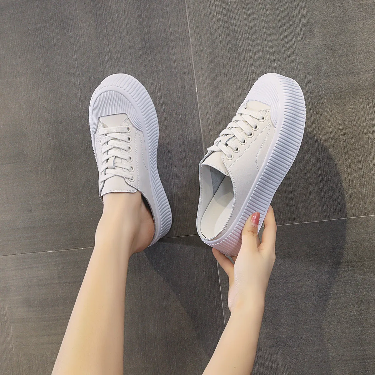 

【HUOOU&HAIOU】Leather Baotou Half Slipper Women's Shoes New Summer Outer Fashion Lazy Slippers Small White Shoes