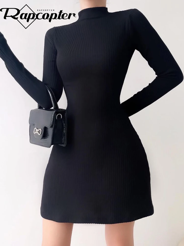 

Rapcopter Black O Neck Mini Dress Full Sleeve Knitted Vintage Basic Casual A-Line Dress Women Autumn Winter Night Prom Dress New