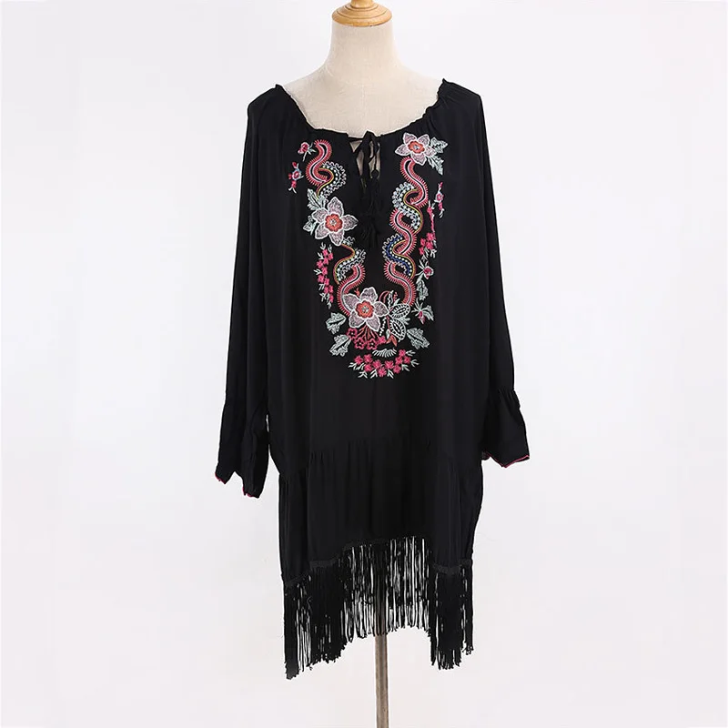 FORERUN Embroidered Beach Dress Women Boho Floral Vintage Summer Dresses Tassel Long Sleeve Plus Size Vestidos De Verano Robe | Женская