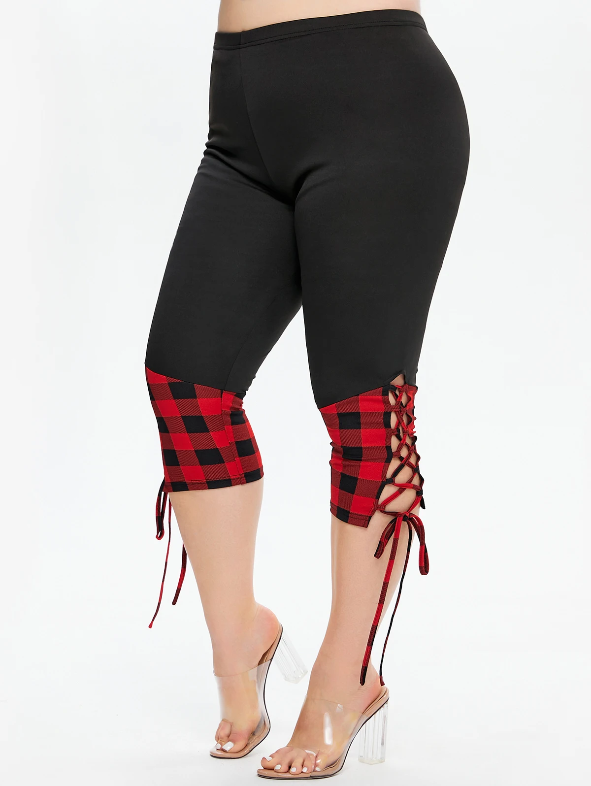

L-5X Plus Size Plaid Print Panel Lace Up Elastic Waist Capri Leggings Casual Oversized Summer Fashion Women Leggings