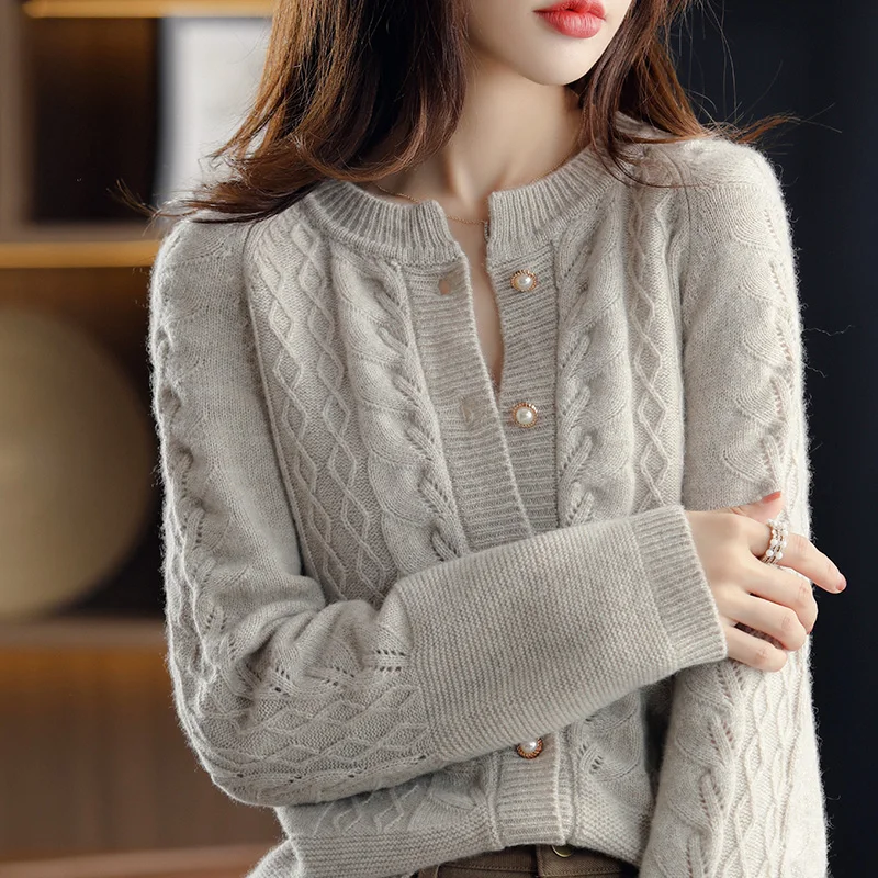Осень-зима новый женский свитер 100% кашемир Merino кардиган с круглым вырезом модная