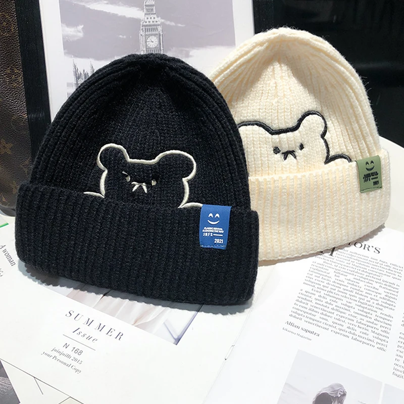 

Bear Knitted Woolen Cap Women's Autumn and Winter Pile Style Japanese Internet Famous Hat Bonnets for Women