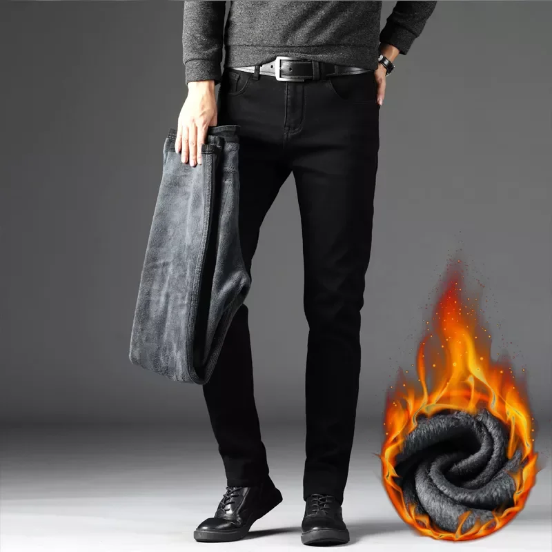 2022New Size 42 Men Warm Thick Jeans 2022 Winter New Style Business Fashion Slim Fit Stretch Black Jean Trousers Brand Pants