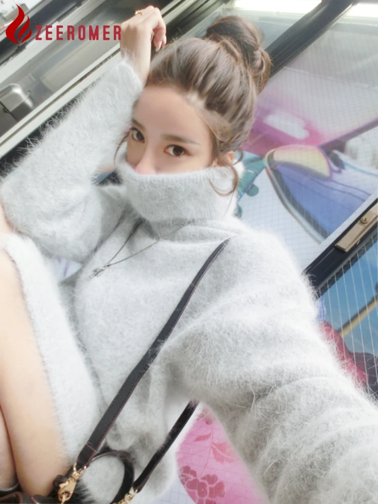 

2023 Fall Winter Korean Fashion Mink Cashmere Long Knitted Pullover Women High Collar Long Sleeve Soft Thick Split Sweater Dress