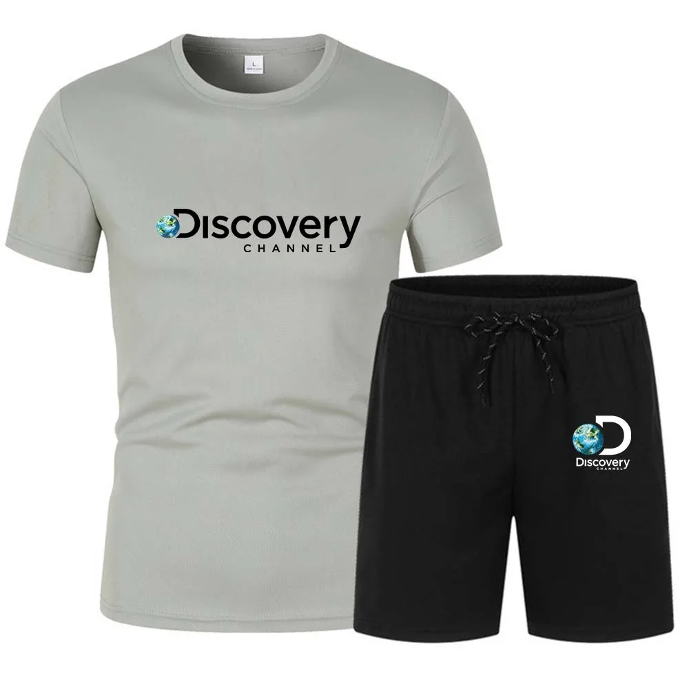 New Summer Discovery Short Sleeves Tracksuit Men Set T Shirt +Shorts Two Piece Set Male Fitness Running Basketball Sportswear