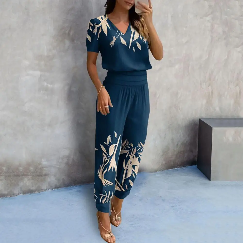 

Trendy Short Sleeve Skin-touching Women Summer Top Harem Pants Matching Set Shrinkable Cuffs Lady Outfit Streetwear
