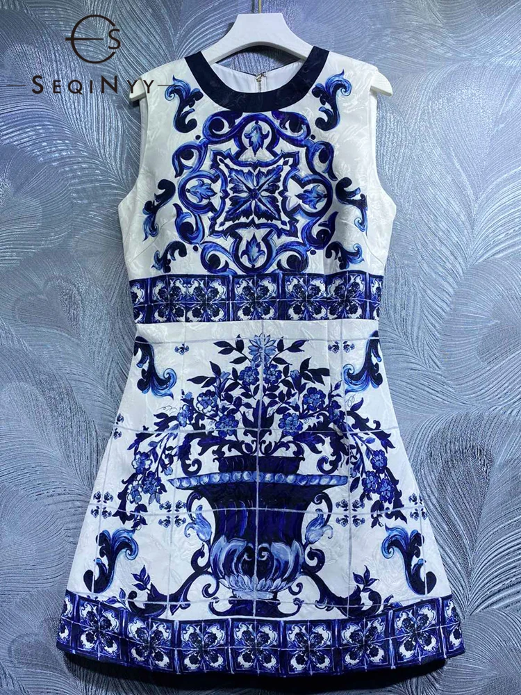 

SEQINYY Vest Mini Dress Summer Spring New Fashion Design Women Runway High Quality Vintage Blue Flowers Print Jacquard Sicily