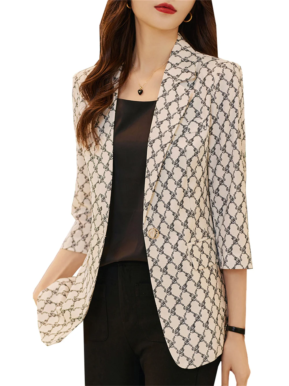 Fashion Women Jacket 2023 New in Female Khaki White Plaid Single Button Long Sleeve Clothing Office Lady Business Formal Blazer