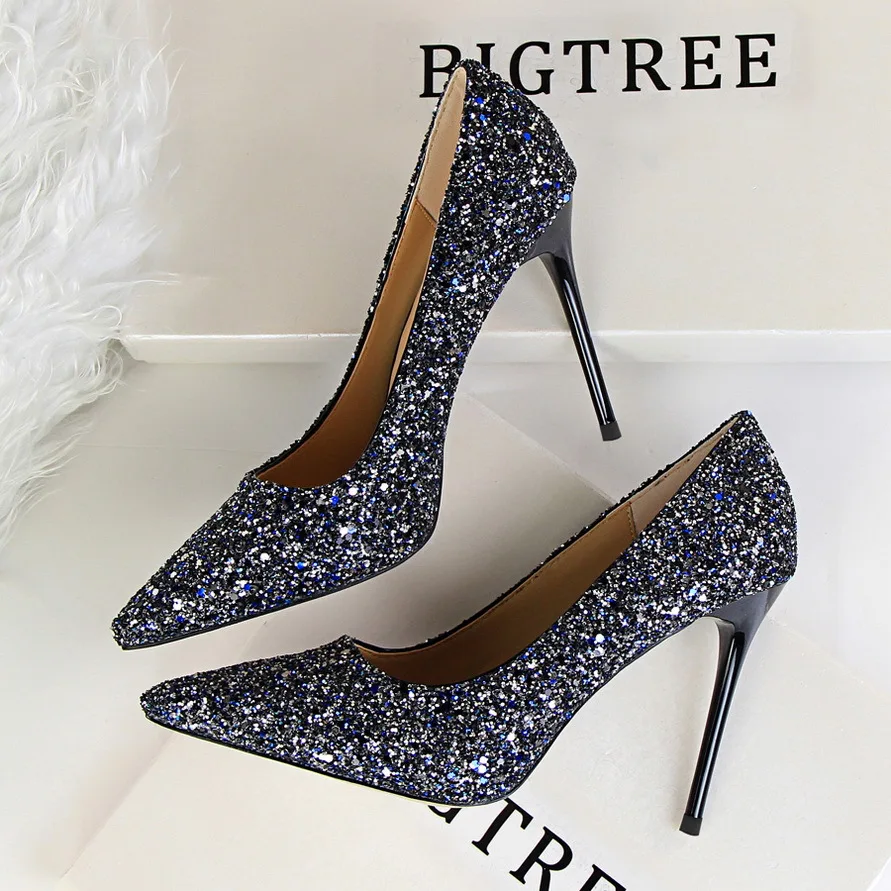 2023 European and American women's high-heeled shallow-heeled pointed head shining sequins sexy slim nightclub high-heeled shoes