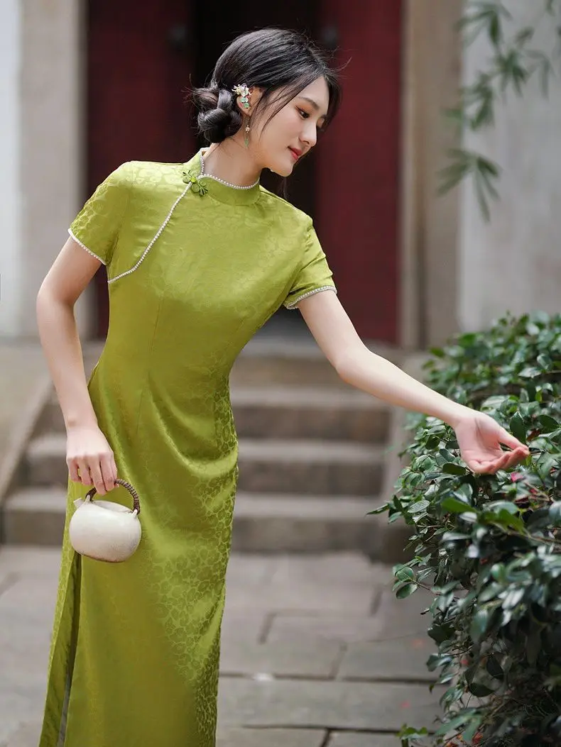 Chinese Beaded Mandarin Collar Short Sleeve Greeen Jacquard Satin Long Style Qipao Fashion Vintage Women Girls Cheongsam Dress